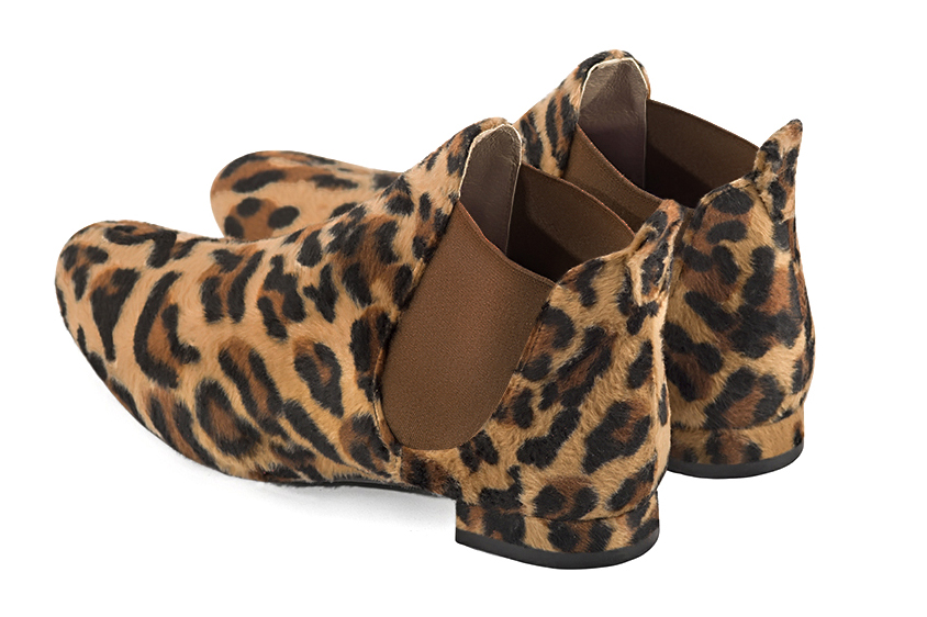 Safari black and camel beige women's ankle boots, with elastics. Round toe. Flat block heels. Rear view - Florence KOOIJMAN